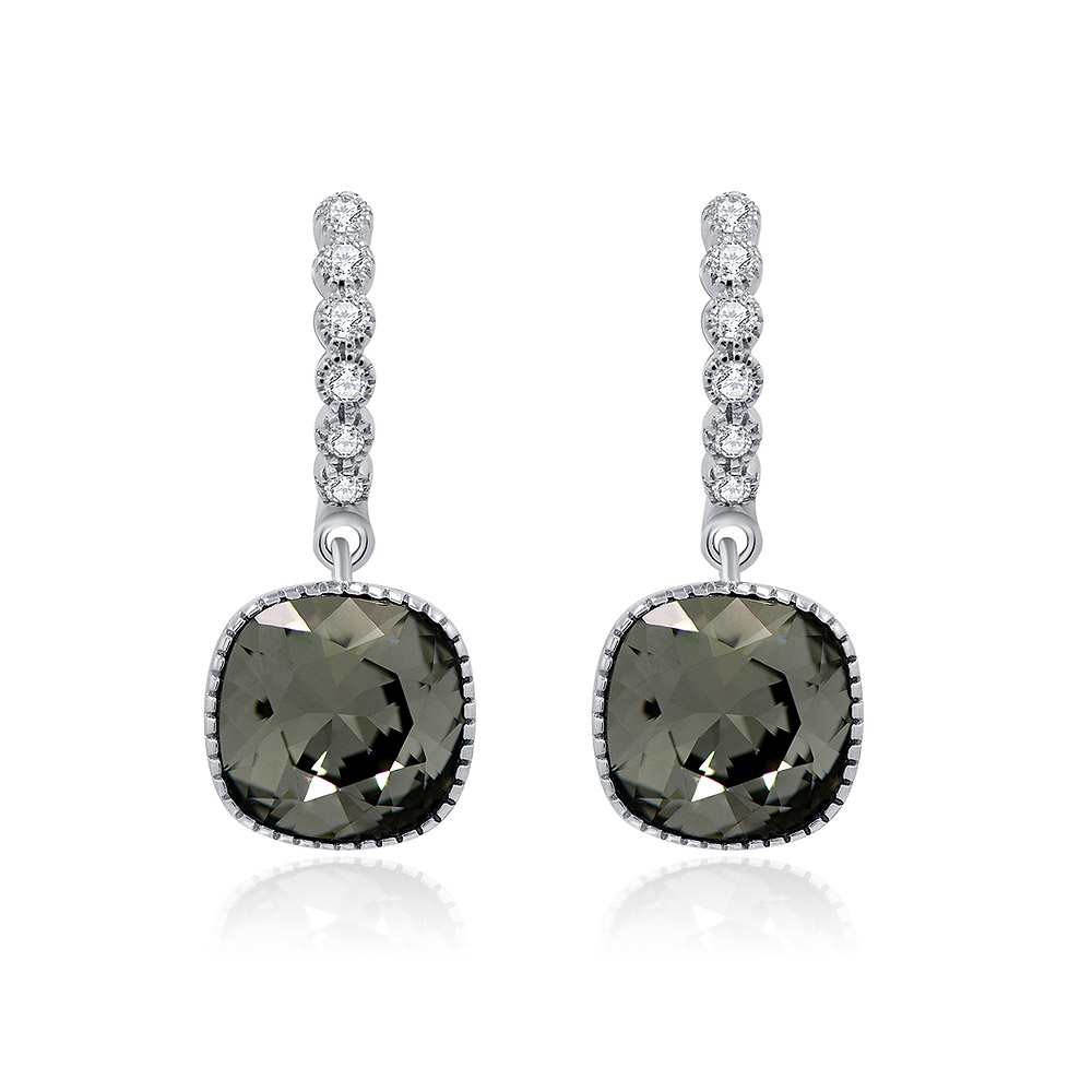 S925 Huggie Hoop Drop Earrings With Black Square Diamond